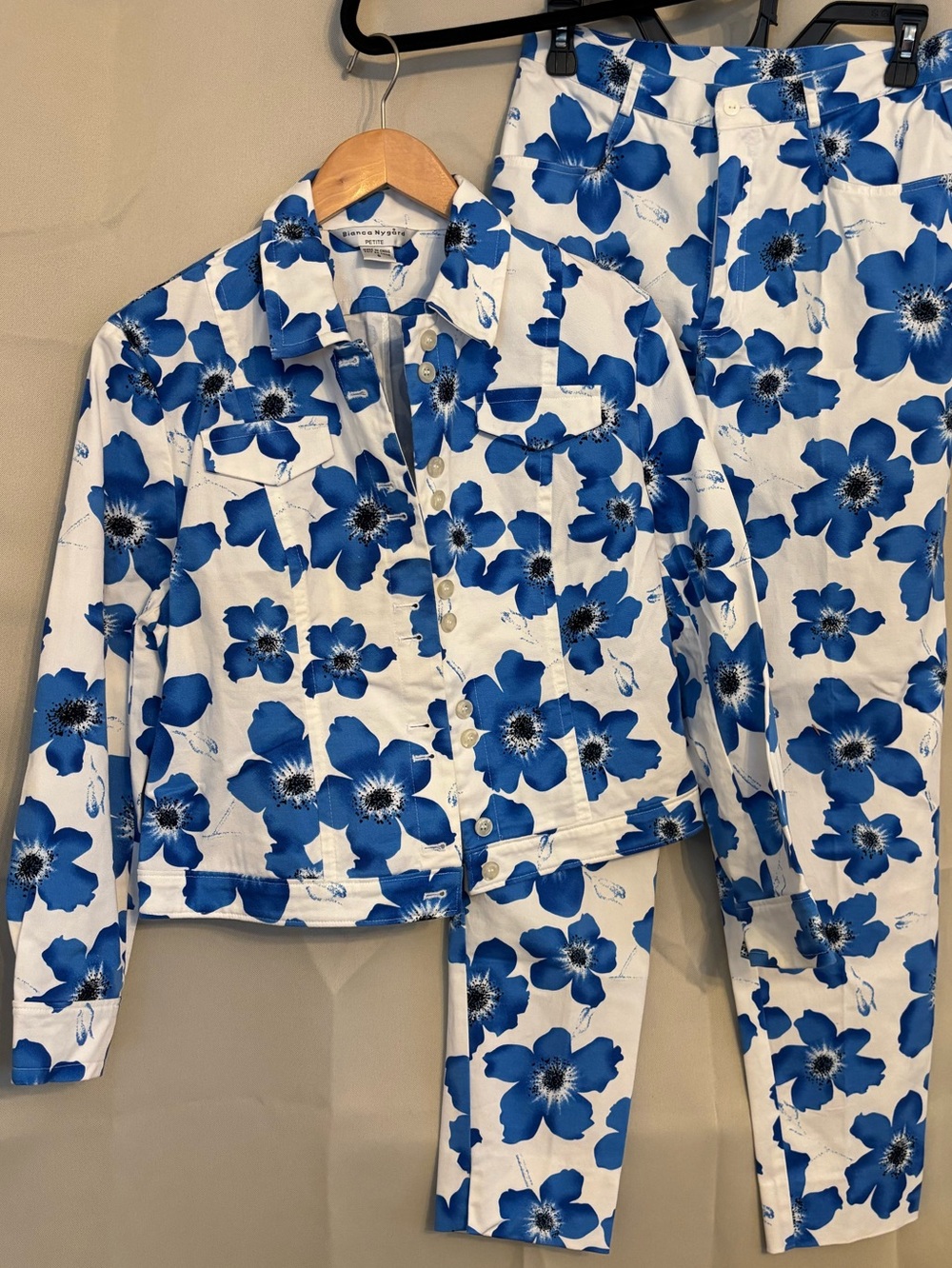 Unique Blue Floral Pantsuit Set Coordinated Structured Jacket & Ankle Trousers